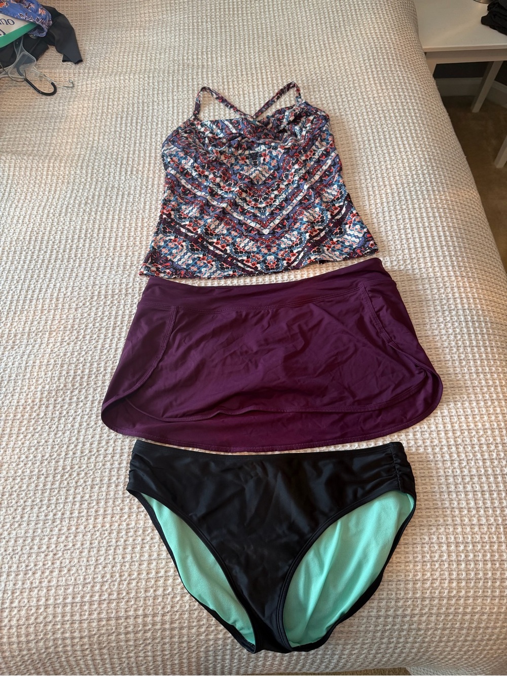 Athleta Bathing Suit Set with Tankini Top, swim skirt and bikini bottom.
